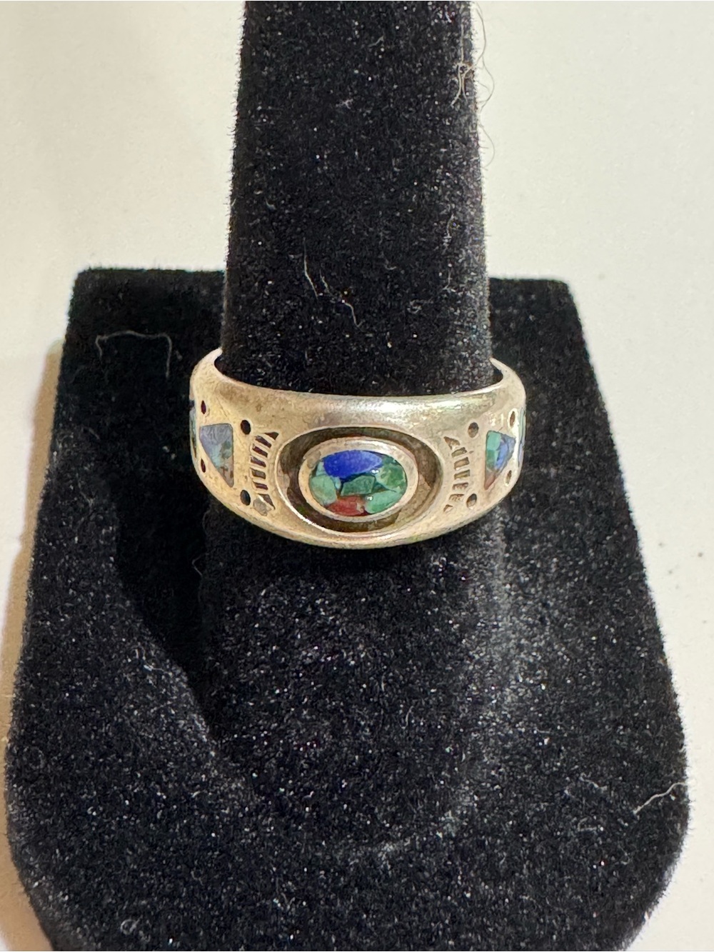 Vintage Native American Sterling Silver Turquoise, Coral & Lapis Ring